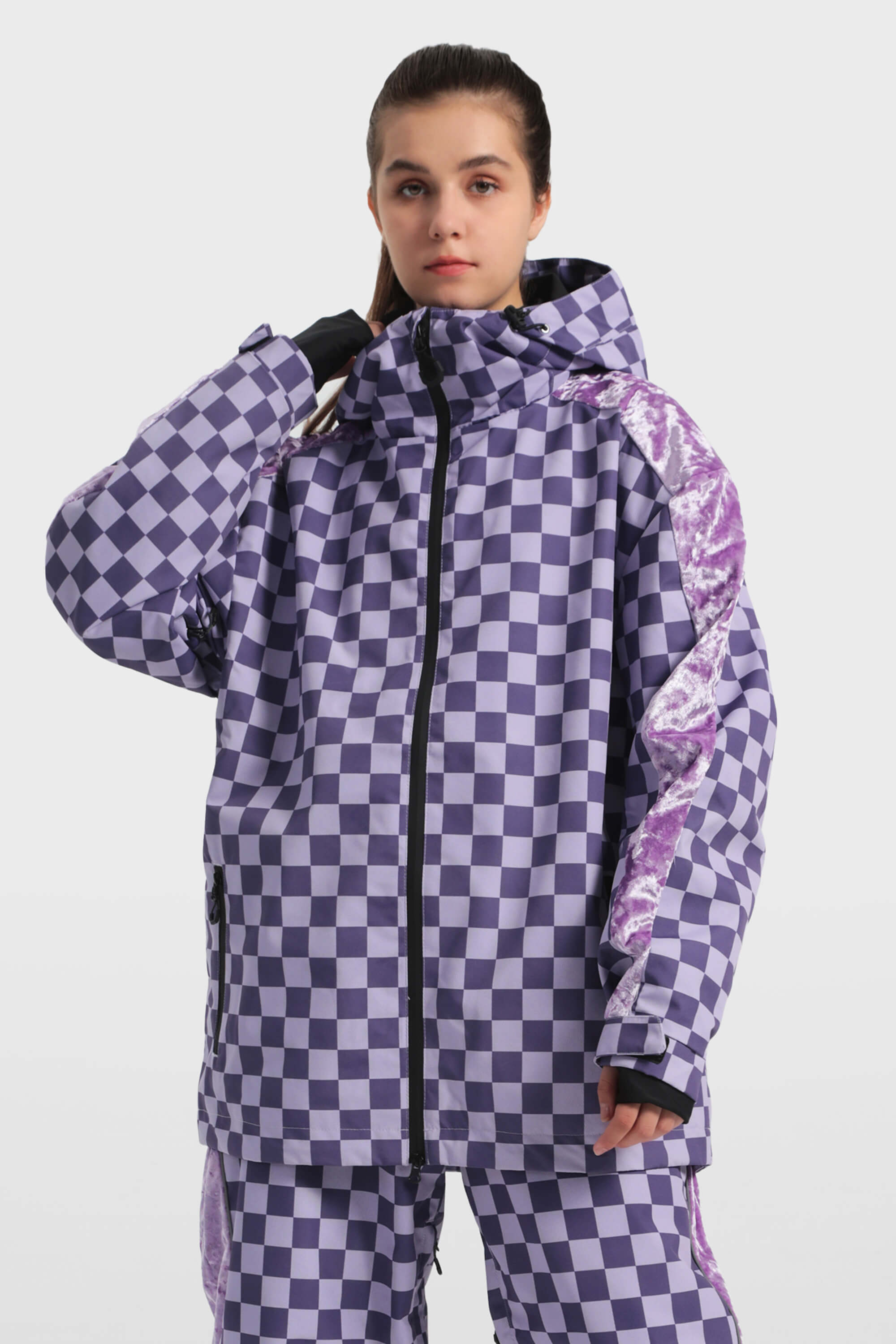 Women's Purple Fleece-Lined Velvet Trim Plaid Snow Jacket Waterproof Ski Jacket - Gsou Snow