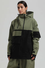 Damen-Schneejacke Khaki &amp; Weiß mit asymmetrischem Reißverschluss, praktischen Taschen, wasserdicht - Gsou Snow 