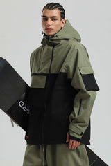 Herren-Skijacke in Schwarz und Khaki mit asymmetrischem Reißverschluss, praktischen Taschen und wasserdichter Oberfläche – Gsou Snow 