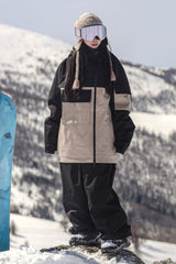 Damen-Schneejacke Khaki &amp; Weiß mit asymmetrischem Reißverschluss, praktischen Taschen, wasserdicht - Gsou Snow 