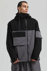 Men's Black & Grey Asym-Zip Snow Jacket Utility Pocket Waterproof Ski Jacket - Gsou Snow