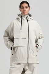 Women's Black & Khaki Asym-Zip Snow Jacket Utility Pocket Waterproof Ski Jacket - Gsou Snow