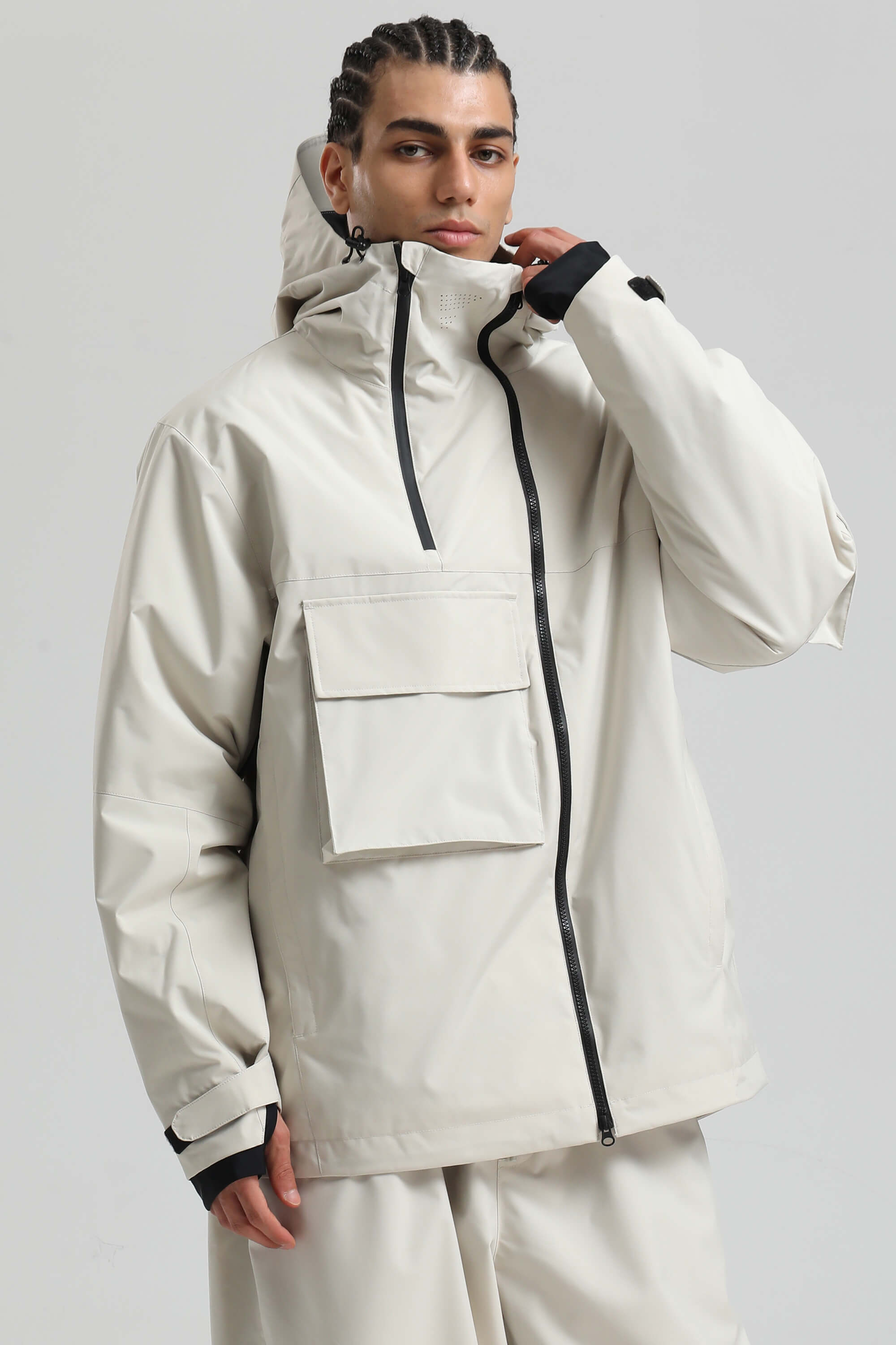 Men's Off White Asym-Zip Utility Snow Jacket Pocket Waterproof Ski Jacket - Gsou Snow