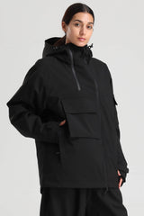 Women's Black & Coffee Asym-Zip Snow Jacket Utility Pocket Waterproof Ski Jacket - Gsou Snow