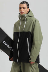Herren-Schneejacke Khaki &amp; Weiß, Gesichtsbelüftung, asymmetrischer Reißverschluss, wasserdicht, isoliert - Gsou Snow 