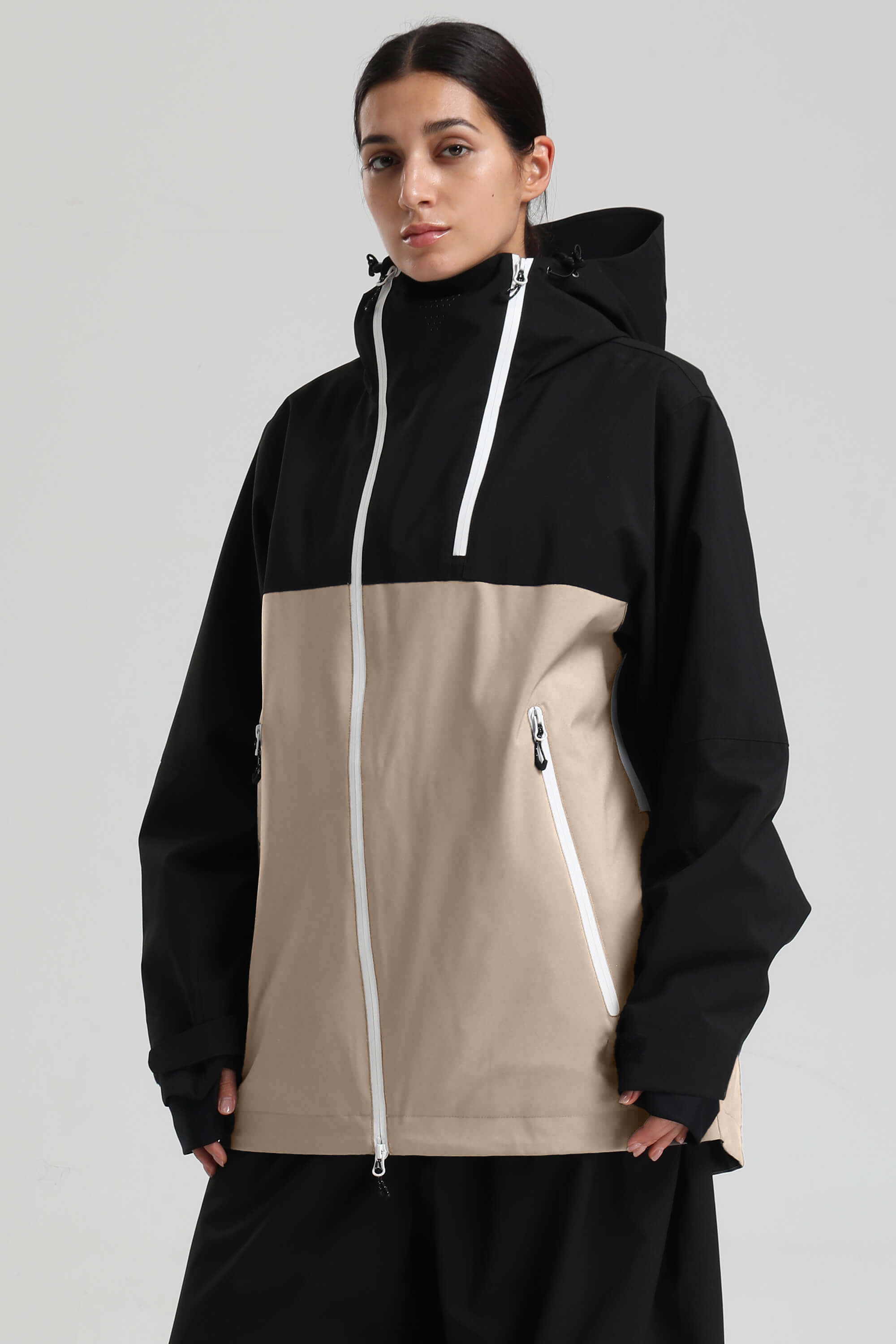 Dámská černá a khaki sněhová bunda s ventilačními otvory a asymetrickým zipem, voděodolná - Gsou Snow