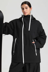 Veste de ski Gsou Snow pour femme, noire et café, avec aération faciale et fermeture éclair asymétrique, imperméable et isolée. 