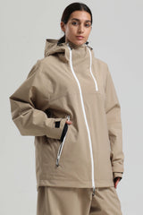 Veste de ski Gsou Snow pour femme, noire et café, avec aération faciale et fermeture éclair asymétrique, imperméable et isolée. 