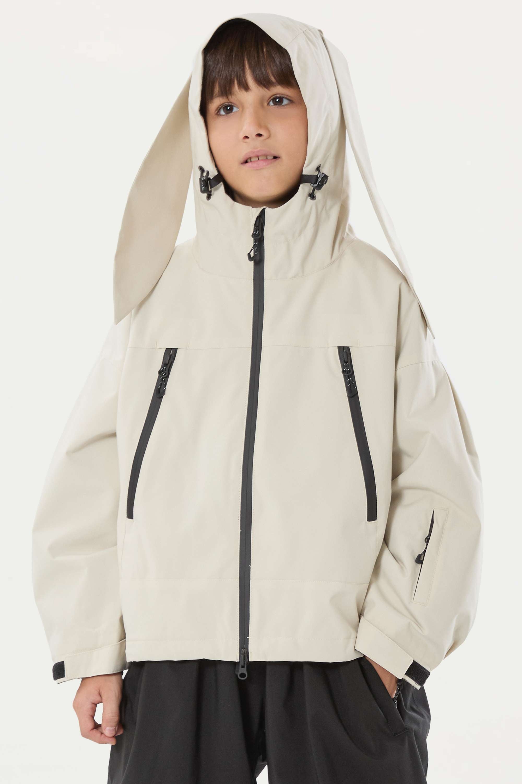 Boy's Off White Detachable Ear Hood Waterproof Insulated Snow Jacket Ski Jacket - Gsou Snow