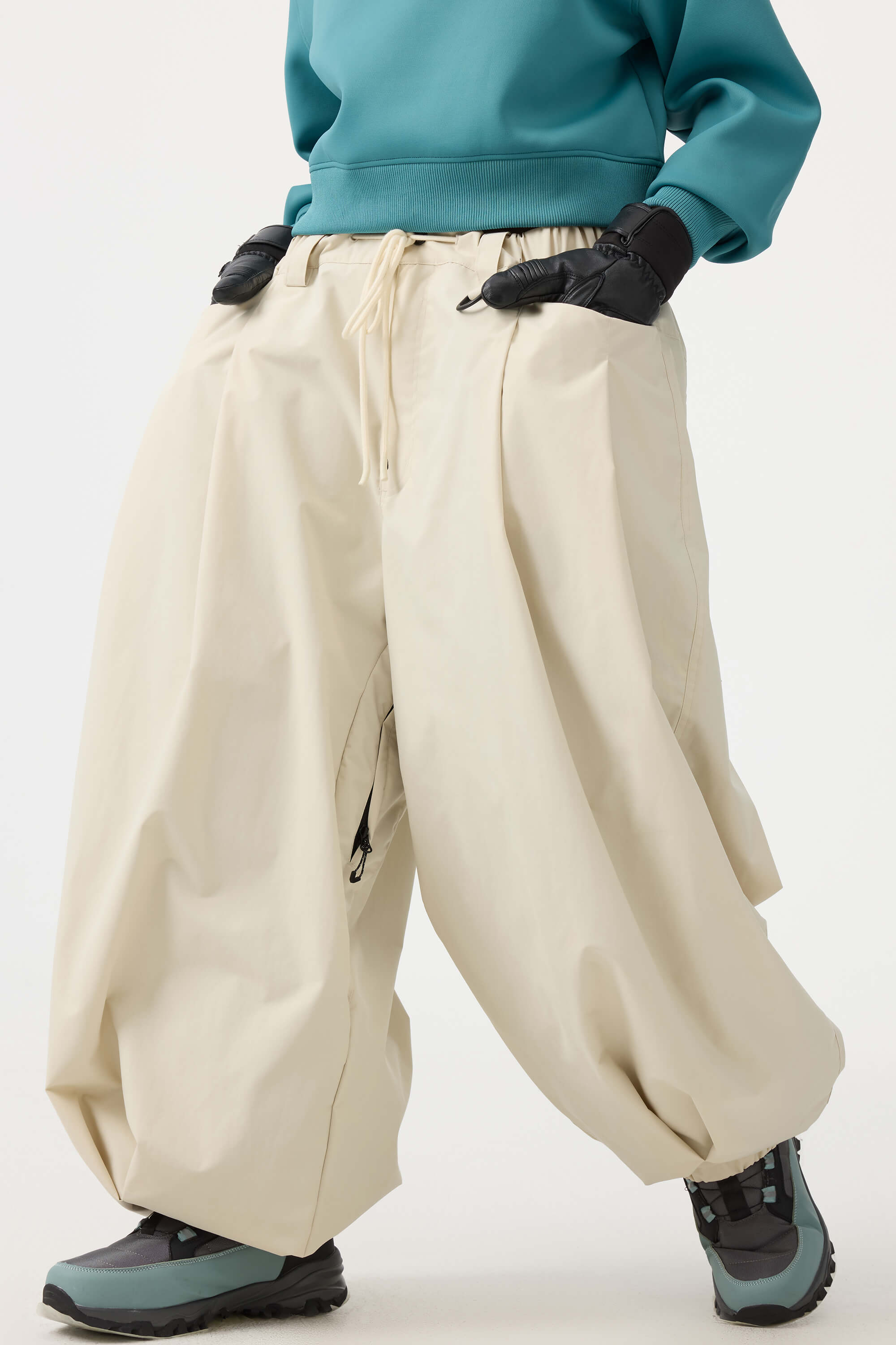 Women's Beige Drawstring Baggy Snow Pants Balloon Ski Pants - Gsou Snow