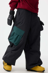 Women's Black Baggy Color-Blocked Snow Pants Cargo Pocket Ski Pants - Gsou Snow