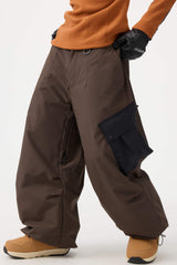Women's Black Baggy Color-Blocked Snow Pants Cargo Pocket Ski Pants - Gsou Snow