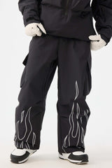 Women's Coffee Reflective Flame Baggy Snow Pants Utility Ski Pants - Gsou Snow