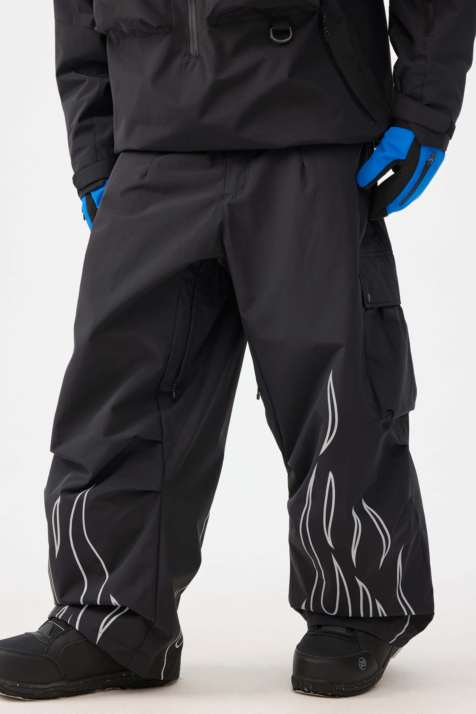 Men's Black Reflective Flame Baggy Snow Pants Utility Ski Pants - Gsou Snow