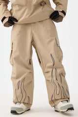 Women's Coffee Reflective Flame Baggy Snow Pants Utility Ski Pants - Gsou Snow
