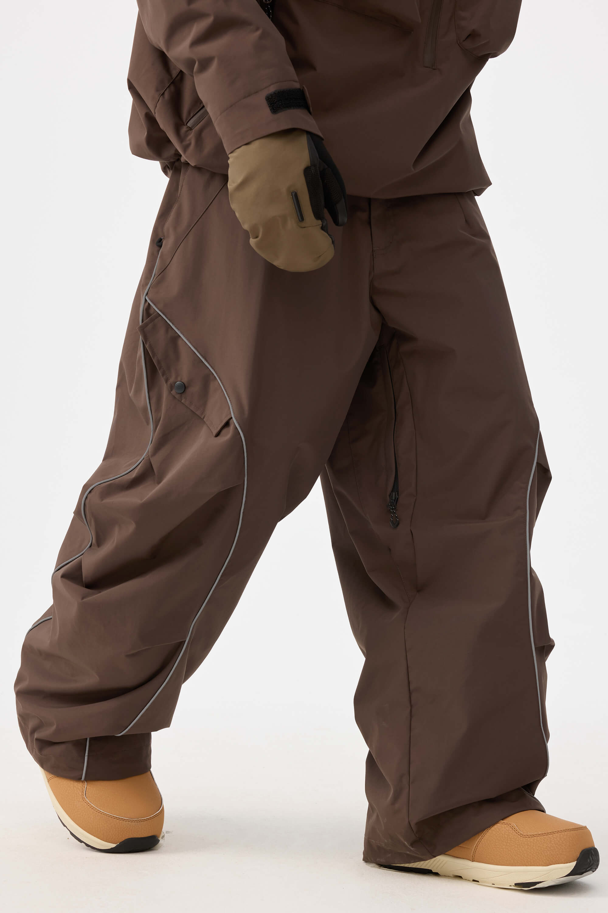 Men's Coffee Retro Track Snow Pants Reflective Piping Baggy Ski Pants - Gsou Snow