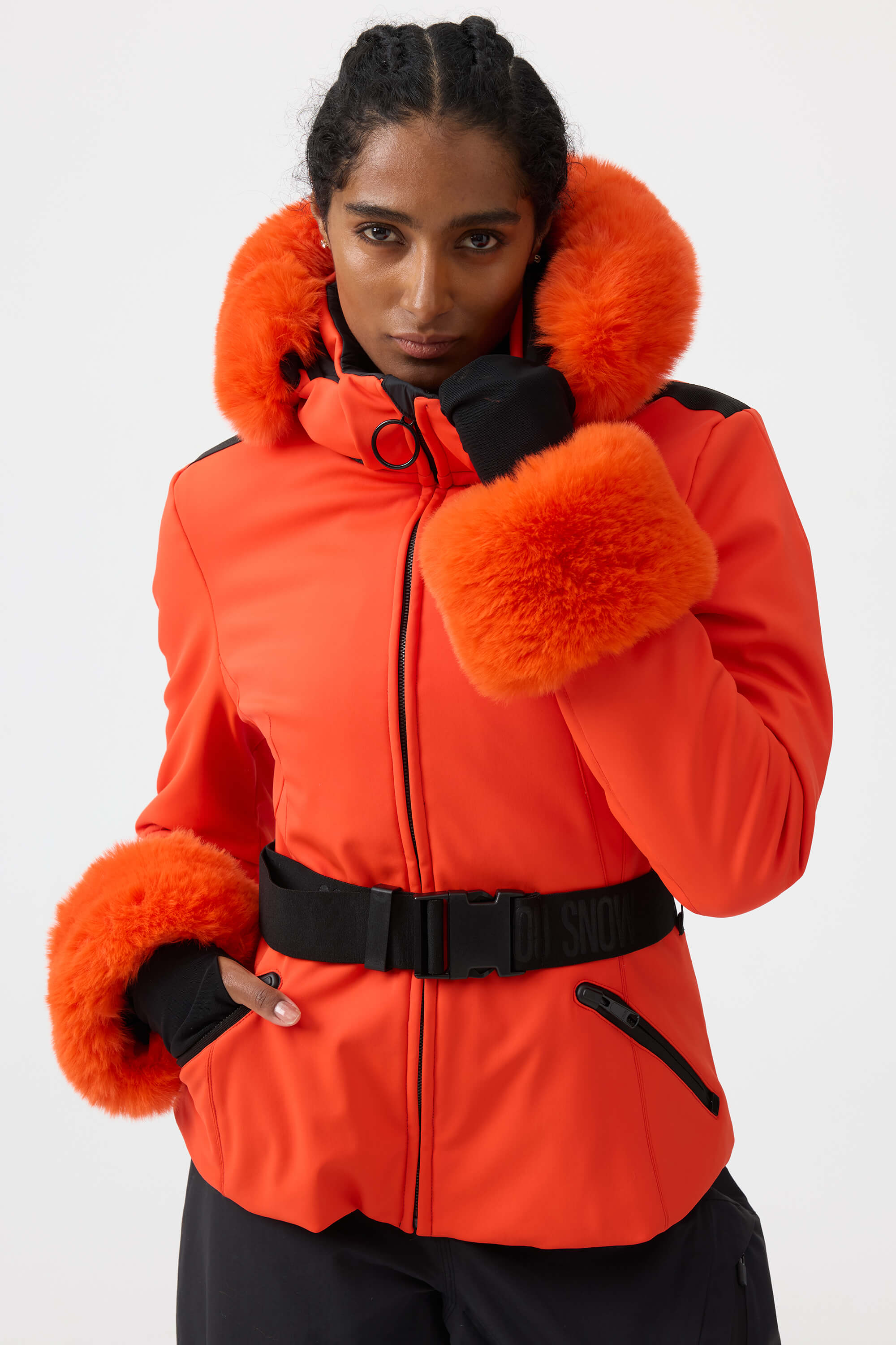 Women's Orange 3D-Cut Faux Fur Ski Jacket Stretch Insulated Snow Jacket - Gsou Snow