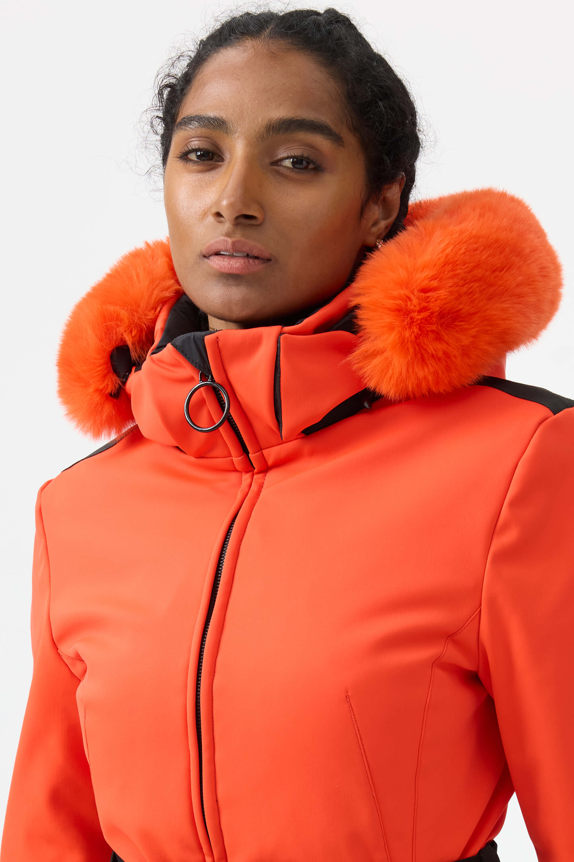 Women's Orange 3D-Cut Faux Fur Ski Jacket Stretch Insulated Snow Jacket - Gsou Snow