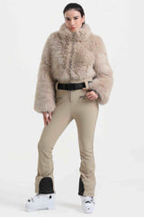 Women's Khaki Fashion Slim-Fit Stretch One-Piece Ski Suit With Faux Fox Fur Jacket & Flared Legs Snowboard Suit - Gsou Snow