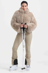 Women's White Fashion Slim-Fit Stretch One-Piece Ski Suit With Faux Fox Fur Jacket & Flared Legs Snowboard Suit - Gsou Snow