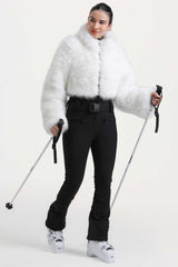 Women's White Fashion Slim-Fit Stretch One-Piece Ski Suit With Faux Fox Fur Jacket & Flared Legs Snowboard Suit - Gsou Snow